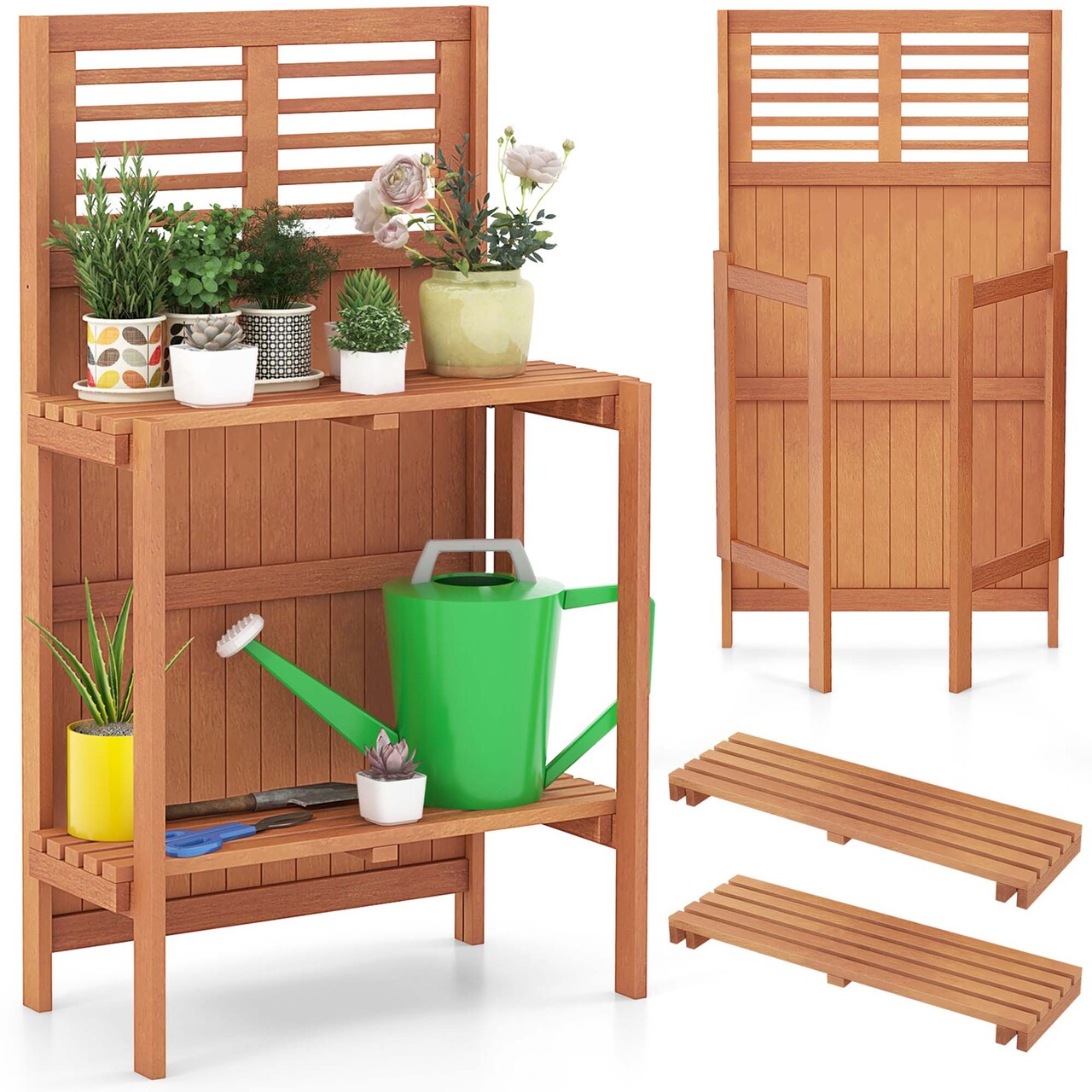 Costway Wood Potting Bench Waterproof Garden Table with 2-Tier Open Storage Shelf